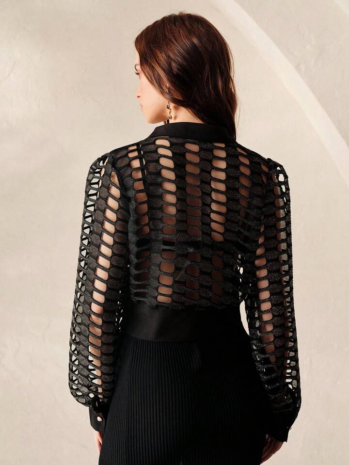CM-TS682128 Women Casual Seoul Style Collared Hollow Out Pearl Button Design Long Sleeve Blouse - Black