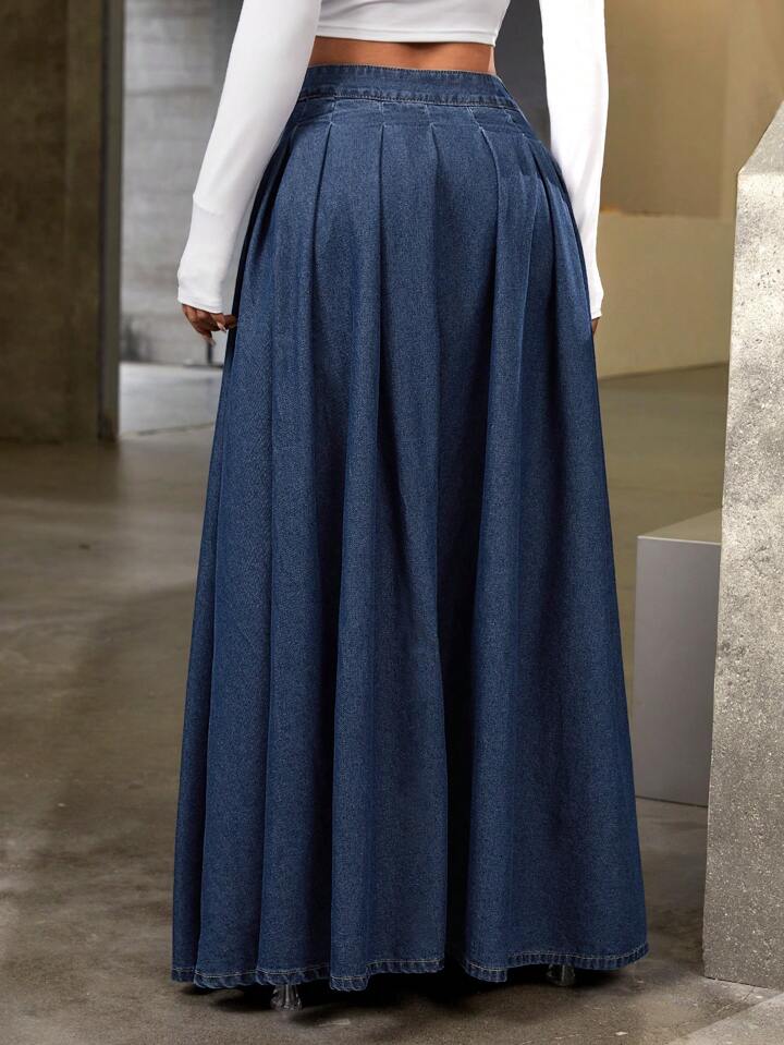 CM-BS419981 Women Casual Seoul Style Low Waist Extra Long Loose Denim Skirt - Blue