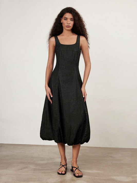CM-DS652975 Women Casual Seoul Style Square Neck Sleeveless Petal Denim Dress - Black