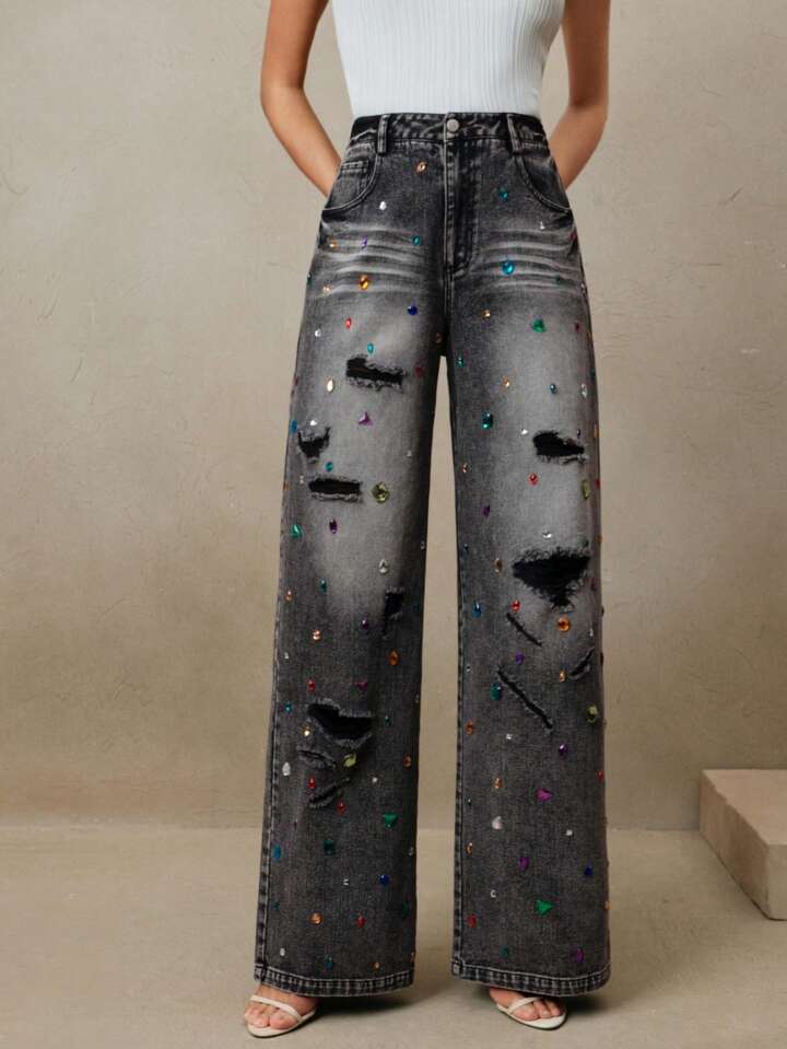 CM-BS569374 Women Elegant Seoul Style Distressed Colored Rhinestone Embellished Jeans - Black