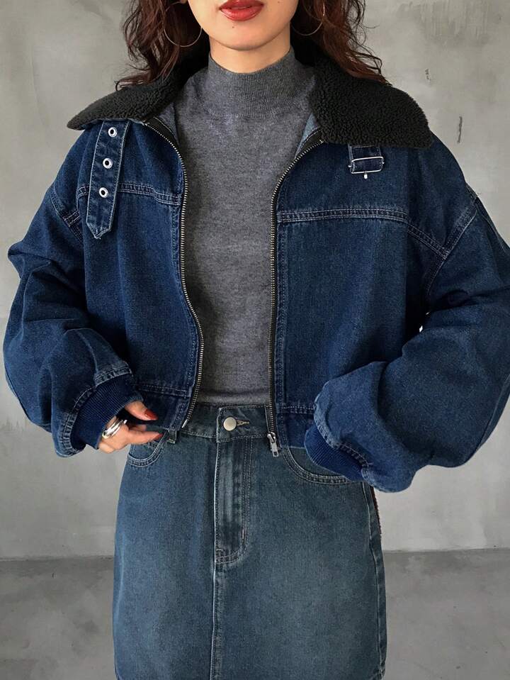 CM-CS538908 Women Casual Seoul Style Long Sleeve Loose Hem Crop Denim Jacket With Furry Collar - Blue