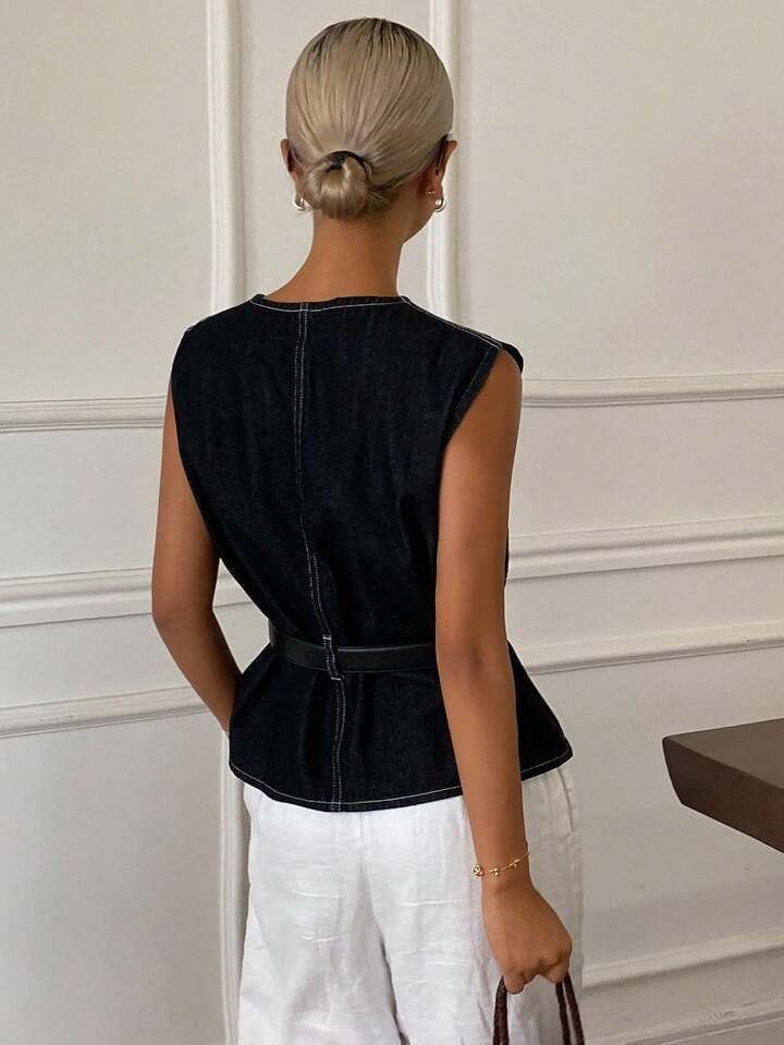 CM-TS170021 Women Casual Seoul Style Round Neck Sleeveless Belted Denim Blouse - Blue