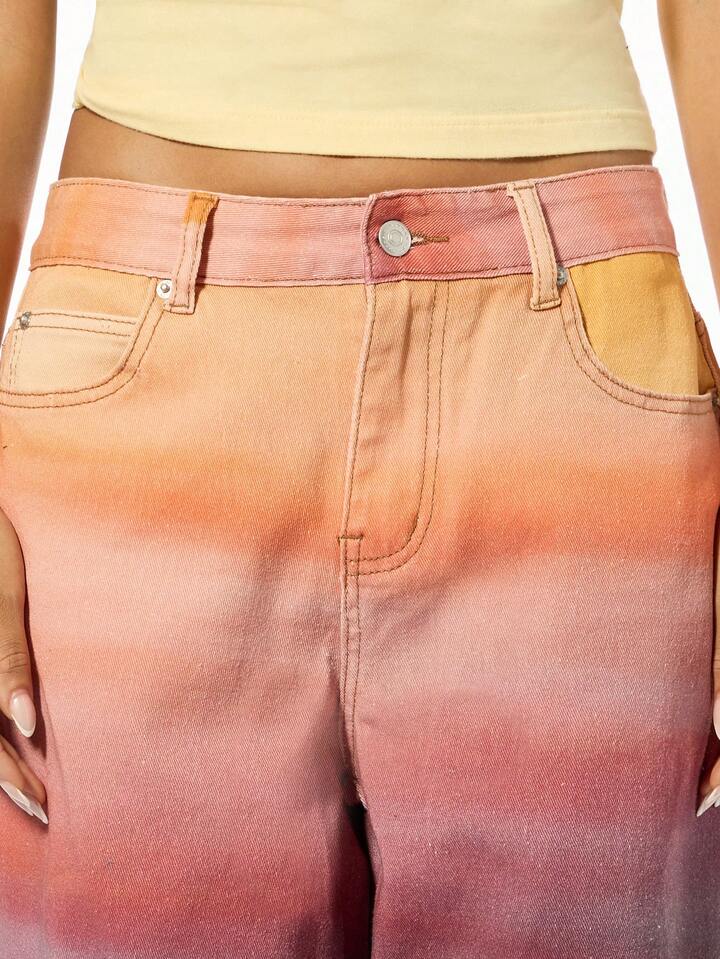 CM-BS097026 Women Casual Seoul Style Ombre Gradient High Waisted Wide Leg Denim Jeans