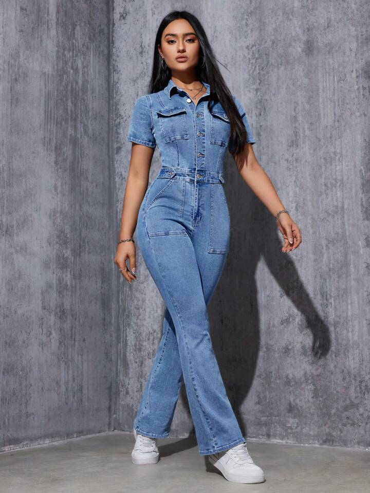 CM-JS187744 Women Casual Seoul Style Medium Wash Collar Neckline Button Fly Flared Legs Denim Jumpsuit