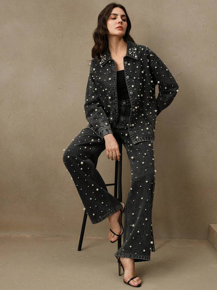 CM-BS791900 Women Casual Seoul Style High Waist Pearl Embellished Straight Loose Wide Leg Jeans - Black
