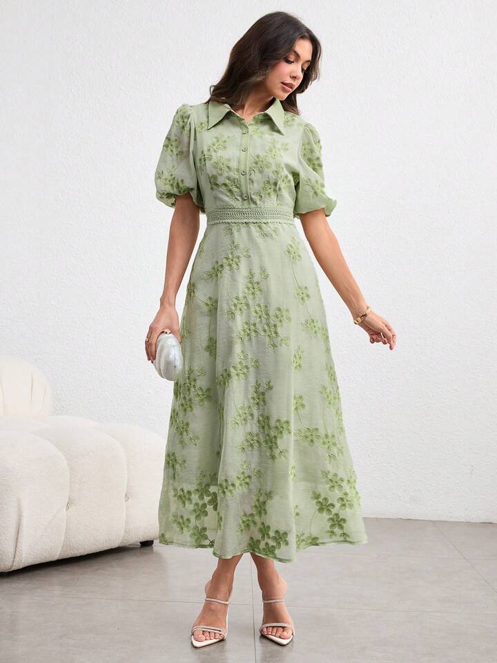 CM-DS301711 Women Elegant Seoul Style Turn-Down Collar Waist Banded Embroidered Long Dress - Green