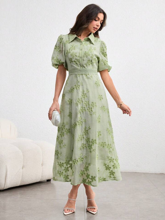 CM-DS301711 Women Elegant Seoul Style Turn-Down Collar Waist Banded Embroidered Long Dress - Green
