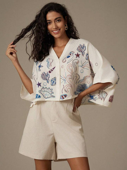 CM-TS906500 Women Trendy Bohemian Style Random Print Batwing Sleeve Cropped Blouse - Beige