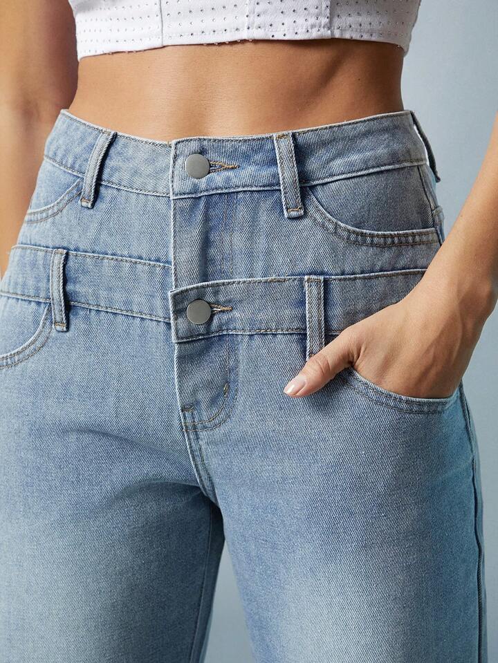 CM-BS540218 Women Casual Seoul Style Front Button Pocket Wide Leg Jeans - Baby Blue
