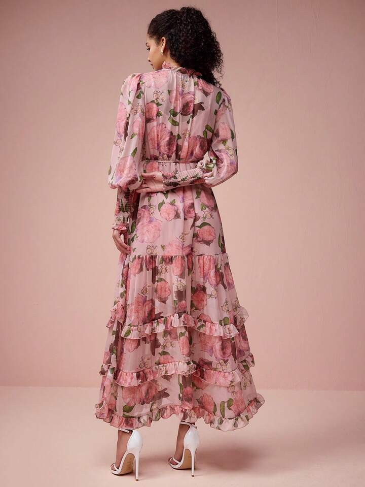 CM-DS308871 Women Elegant Seoul Style Floral Print Tie Neck Multi-Layered Ruffled Hem Cuffs Dress