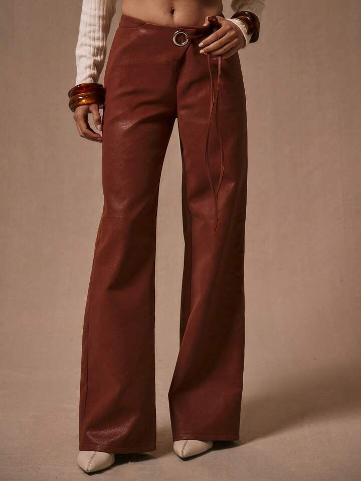 CM-BS090661 Women Casual Seoul Style Wrap Knot Waist Straight Leg Trousers - Red