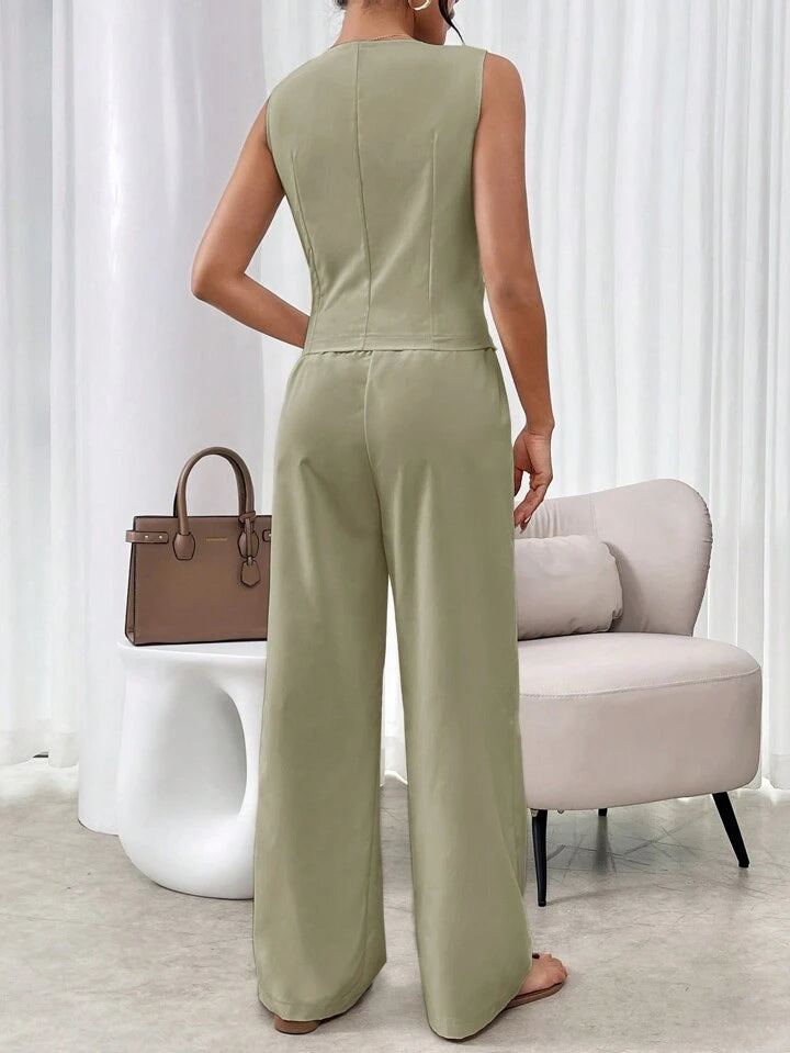 CM-SS881449 Women Casual Seoul Style V-Neck Sleeveless Single Breasted Suit Vest With Long Pants - Green