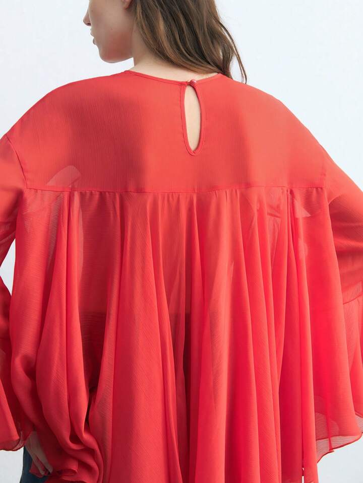 CM-TS115361 Women Trendy Bohemian Style Round Neck Long Sleeve Asymmetrical Mesh Shirt - Red