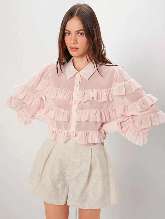 CM-TS615334 Women Casual Seoul Style Multi-Layered Ruffle Hem Blouse - Baby Pink