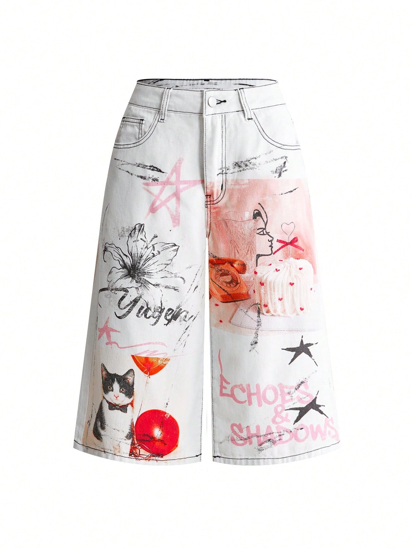 CM-BS858327 Women Casual Seoul Style Low Waist Fun Cat Print Denim Wide Leg Mid-Length Jeans