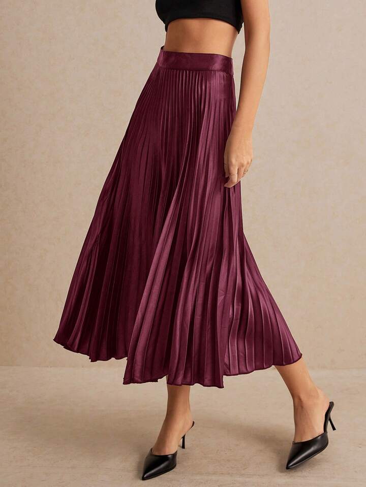 CM-BS018238 Women Elegant Seoul Style High Waist Solid Pleated Skirt - Burgundy