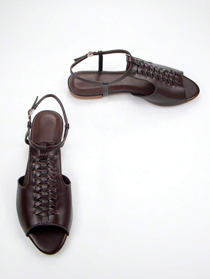 CM-SHS446476 Women Trendy Seoul Style Crinkled Faux Leather Hollow Out Peep Toe Ankle Strap Flat Sandals - Chocolate Brown