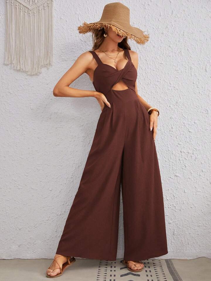 CM-JS761834 Women Trendy Bohemian Style Twist Front Cutout Cami Jumpsuit - Chocolate Brown