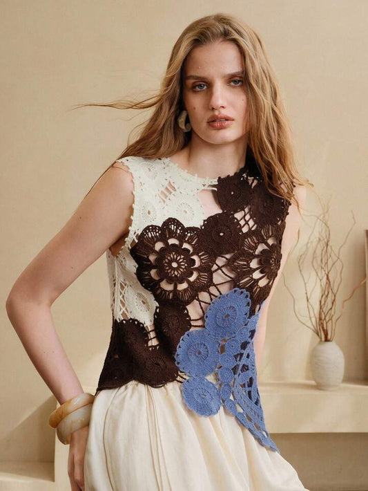 CM-TS511096 Women Trendy Bohemian Style Three-Color Floral Hand-Crossed Asymmetrical Hollow-Out Top