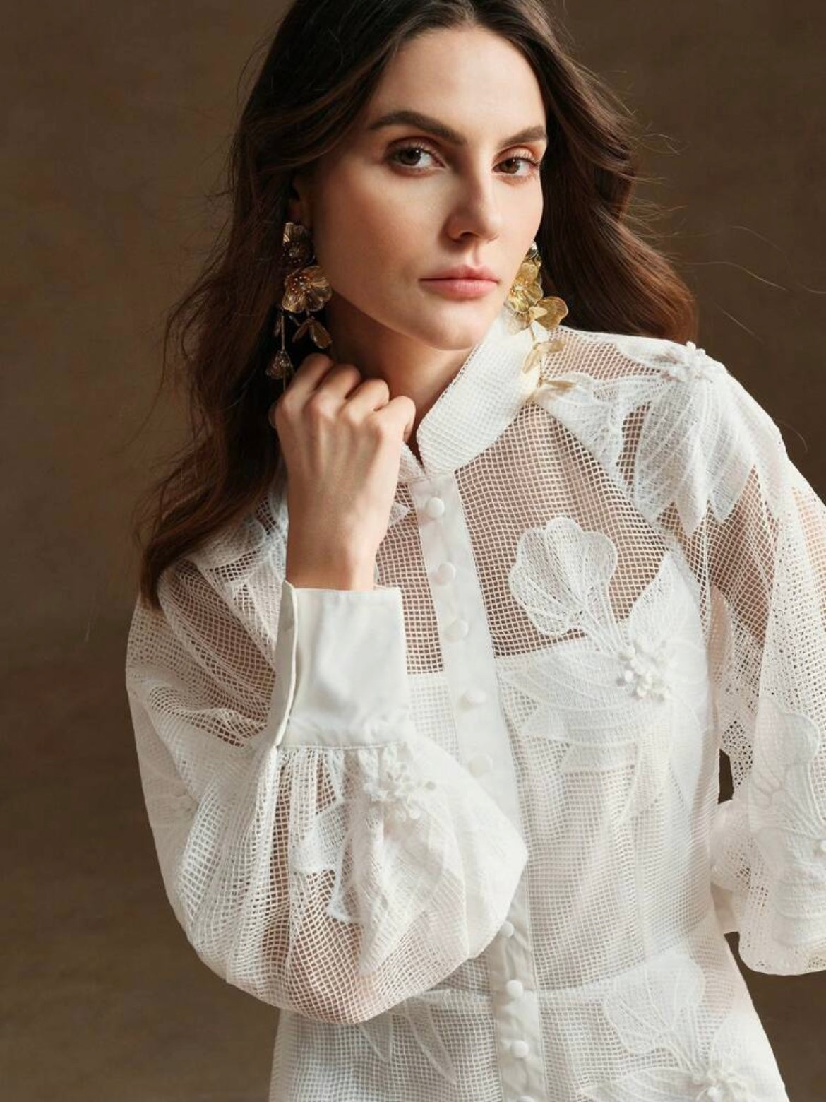 CM-DS866565 Women Elegant Seoul Style Collar Neckline Lace Cinched Waist Lantern Sleeve Dress - White