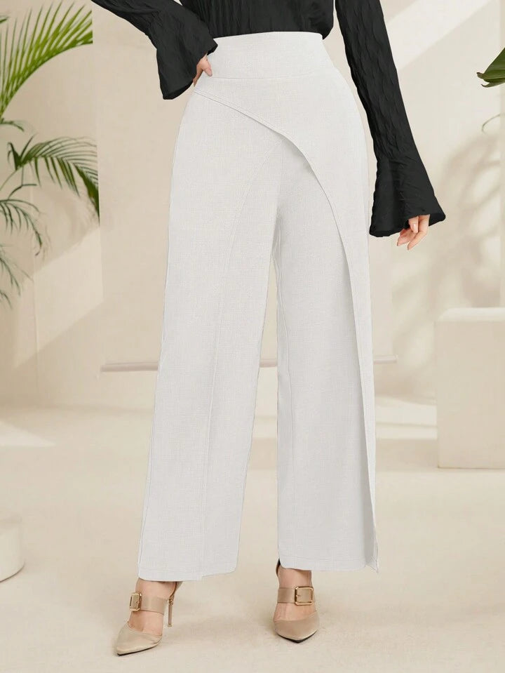 CM-BS156158 Women Casual Seoul Style Irregular Cut Solid Color Wide Leg Pants - White