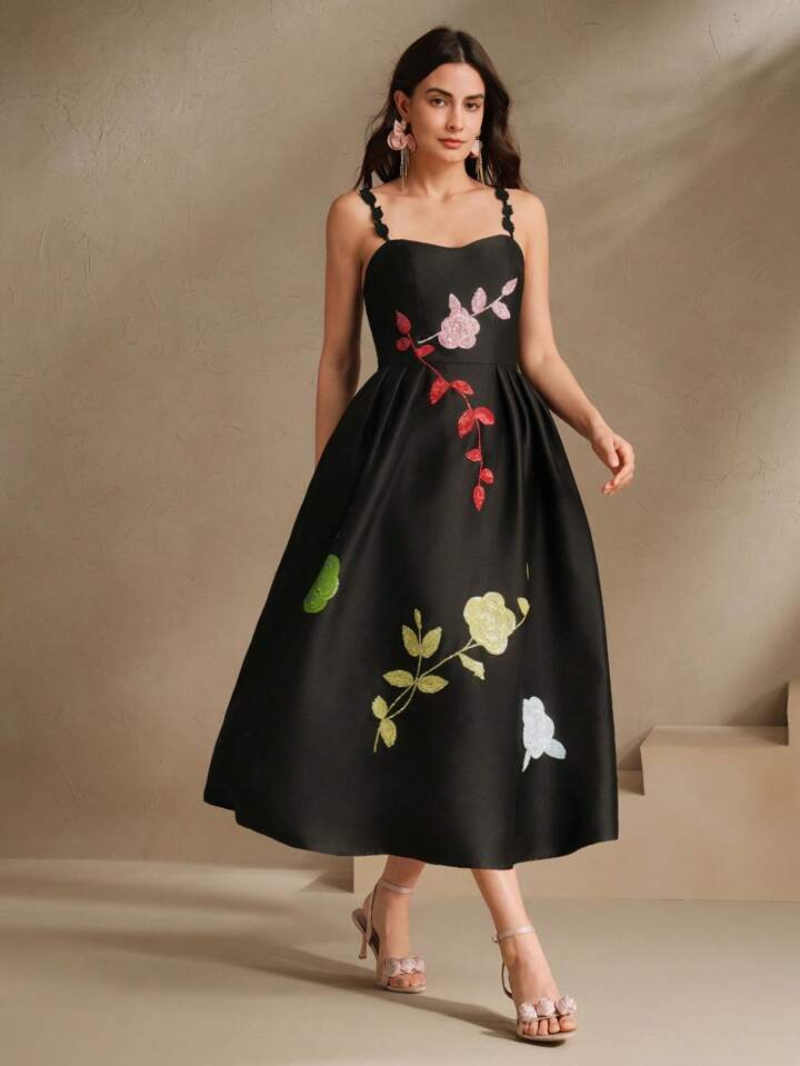 CM-DS086002 Women Elegant Seoul Style Sequin Floral Decor Sleeveless High Waist Long Dress - Black