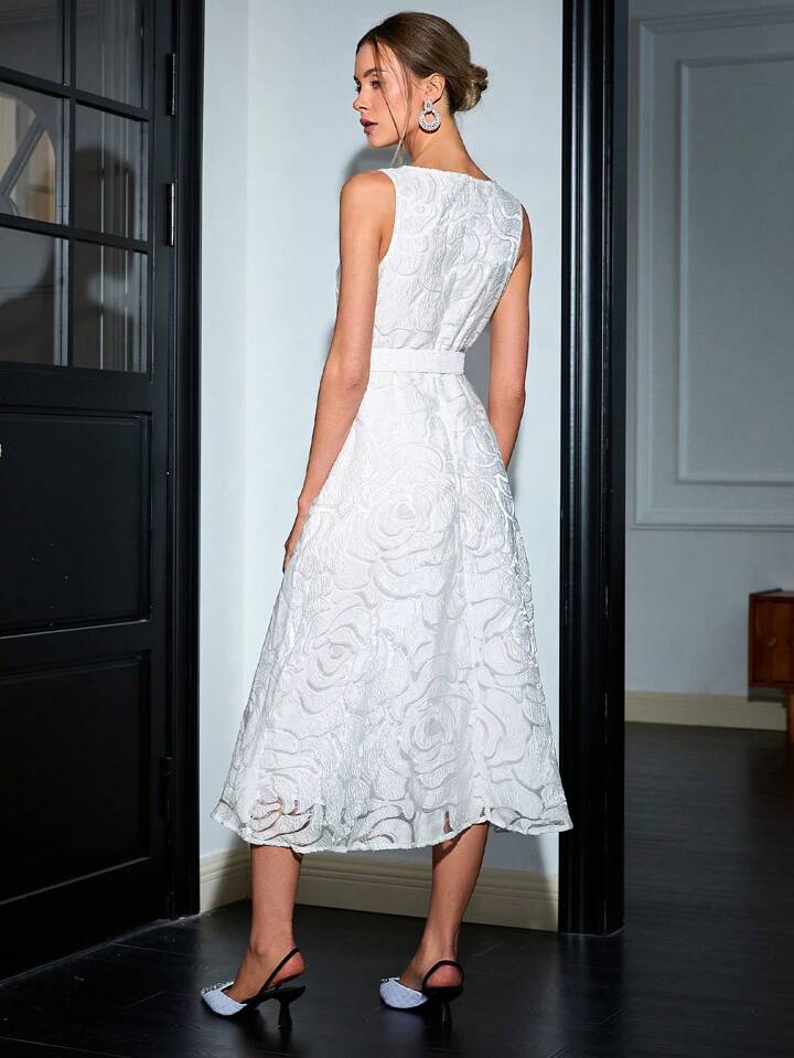 CM-DS241047 Women Elegant Seoul Style Round Neck Floral Embellishments Sleeveless A-Line Dress