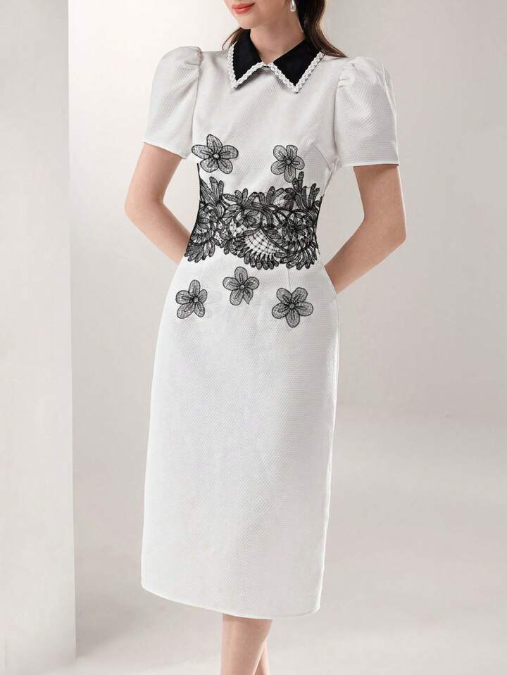 CM-DS226634 Women Casual Seoul Style Contrast Color Collar Ruffled Mid-Length Dress - White