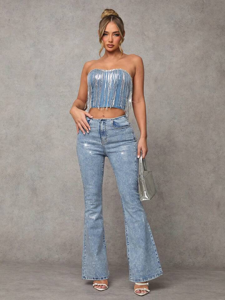 CM-BS633000 Women Casual Seoul Style Medium Wash Skinny Stretchy Flared Denim Jeans
