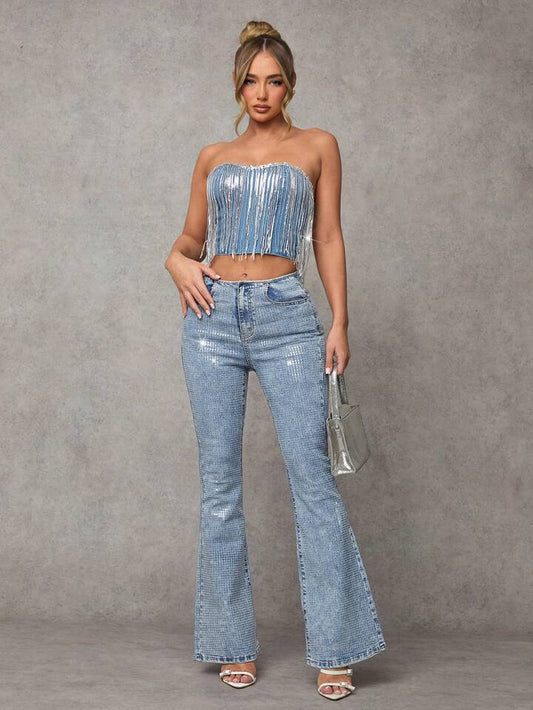CM-BS633000 Women Casual Seoul Style Medium Wash Skinny Stretchy Flared Denim Jeans
