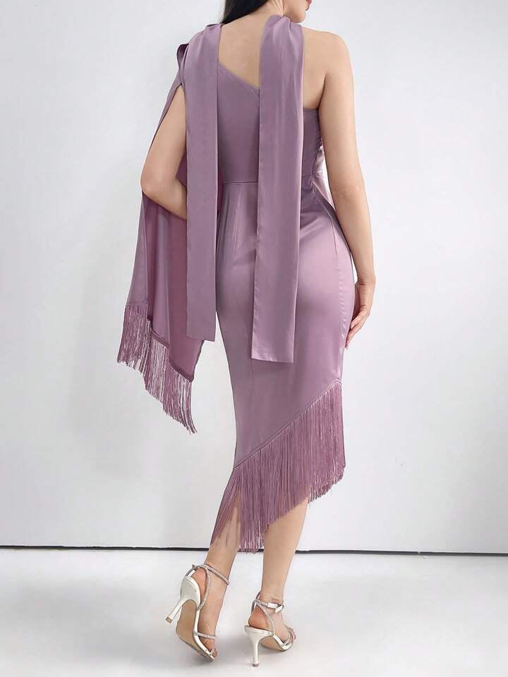 CM-DS388371 Women Elegant Seoul Style Slim Fit Fringed One Shoulder Party Dress - Dusty Pink