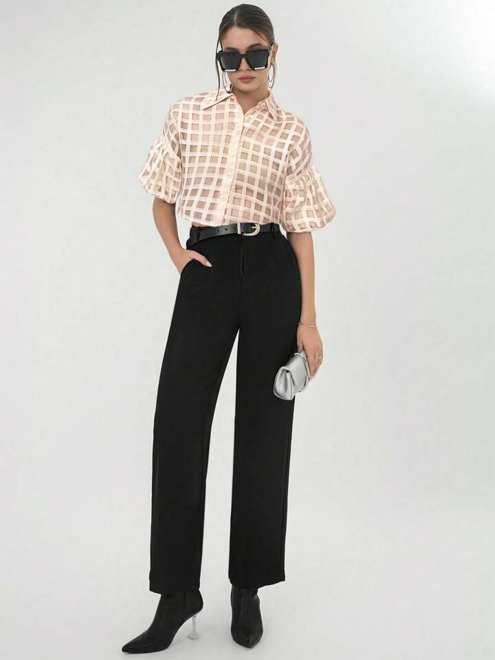 CM-TS615490 Women Casual Seoul Style Plaid Mesh Drop Shoulder Crop Shirt - Apricot