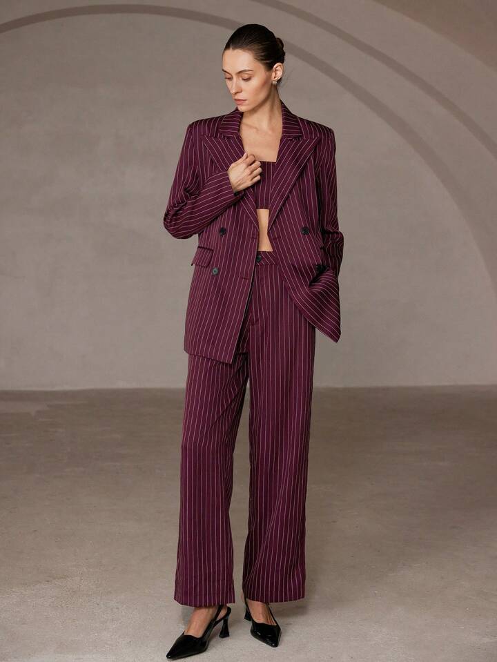 CM-SS233695 Women Elegant Seoul Stripe Print Double Button Long Sleeve Jacket And Pants Suit With Inner Cami - Set