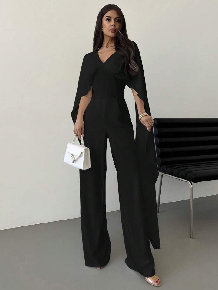 CM-JS483619 Women Elegant Seoul Style V-Neck Cape Extra Long Sleeves Waist Tie A-Line Wide Leg Jumpsuit - Black