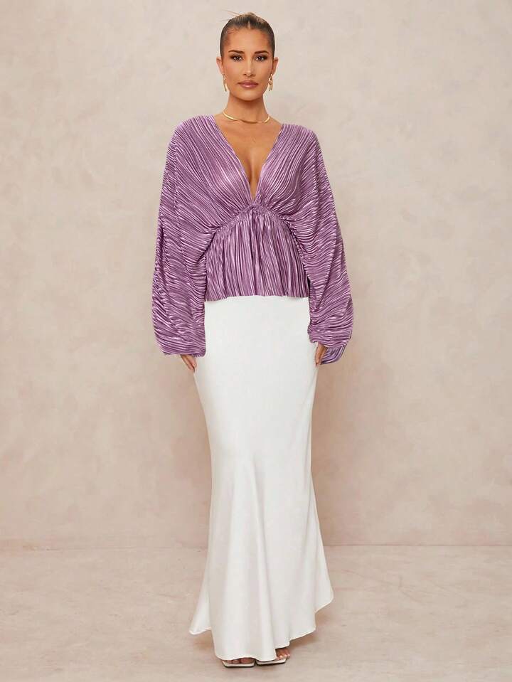 CM-TS286983 Women Elegant Seoul Style Deep V-Neck Long Sleeve Loose Fit Ruffled Hem  Oversized Blouse - Dusty Pink
