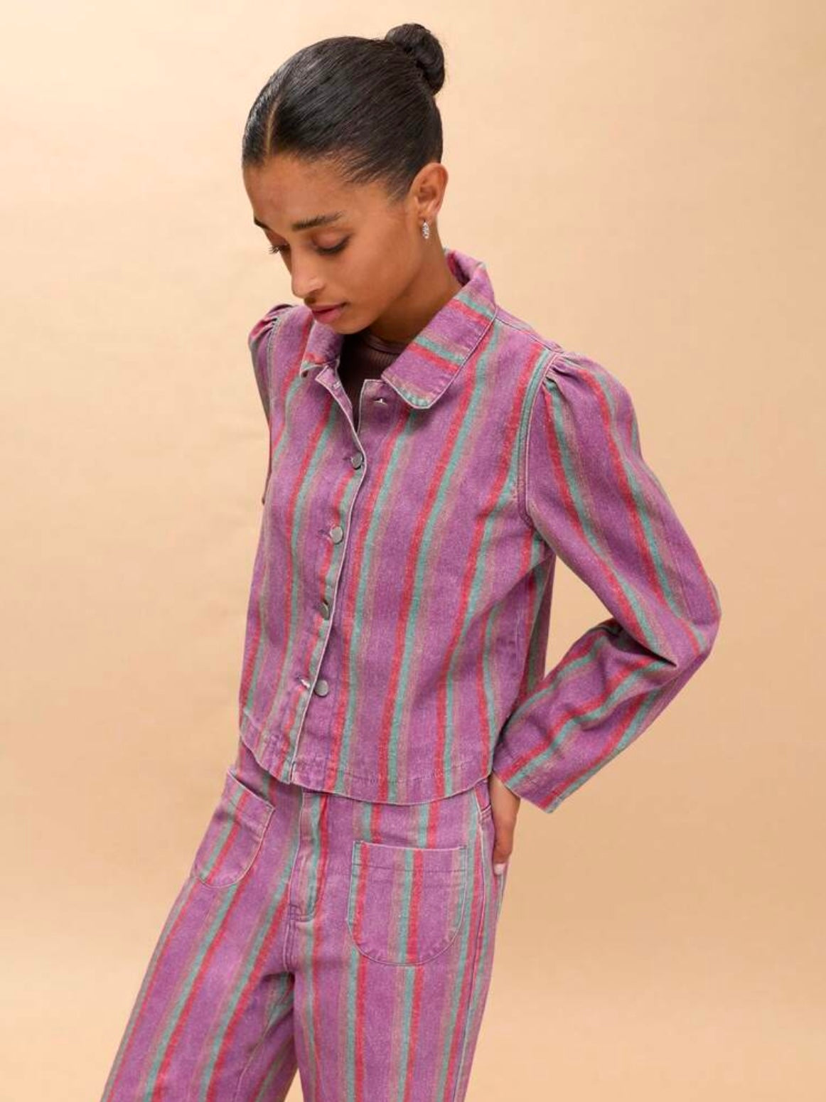 CM-CS651518 Women Elegant Seoul Style Collar Puff Long Sleeve Button Front Striped Jacket