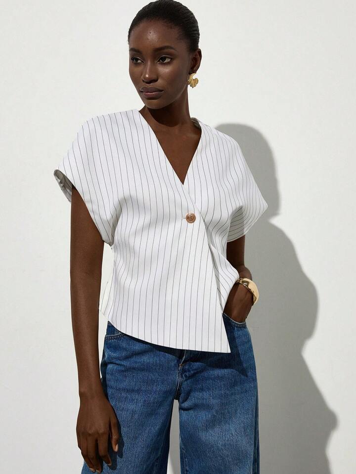 CM-TS249010 Women Casual Seoul Style V-Neck Open Front Asymmetrical Hemline Sleeveless Blouse