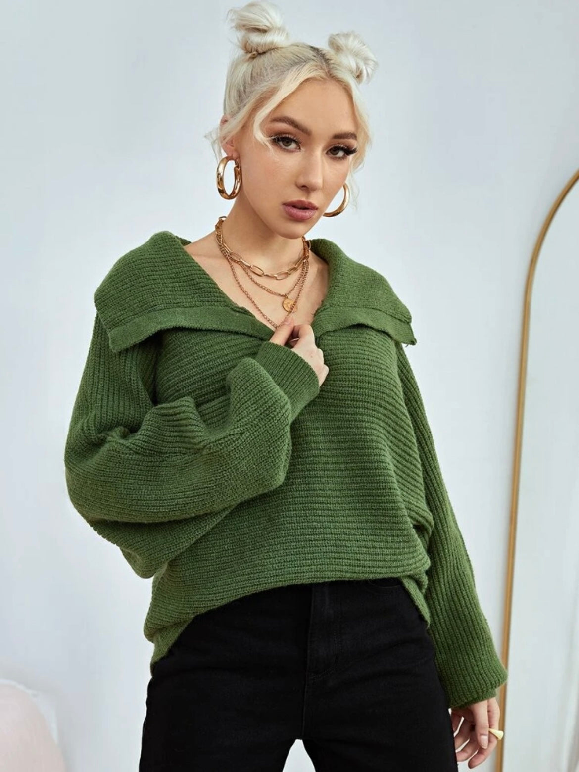 CM-CS488414 Women Casual Seoul Style Loose Fold Collared Bishop Sleeve Sweater - Dark Green