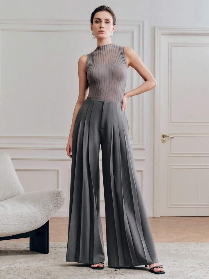 CM-BS133837 Women Elegant Seoul Style High Waist Loose Draping Wide Leg Pants - Gray