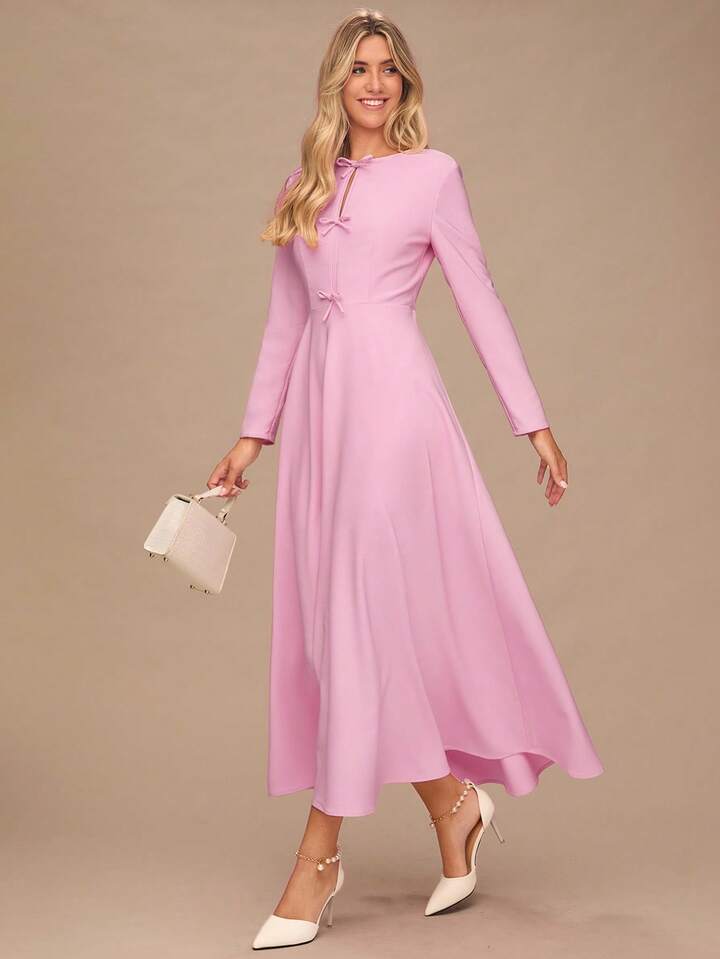 CM-DS775663 Women Elegant Seoul Style Bowknot Decor Round Neck Long Sleeves Maxi Dress - Pink