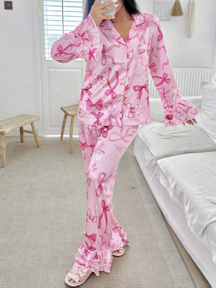 CM-LS386810 Women Trendy Seoul Style Bow Tie V-Neck Long Sleeve Satin Collar Pajama Set