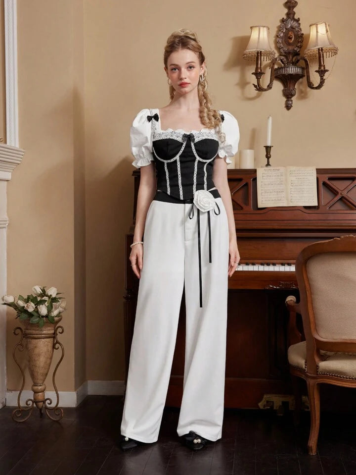 CM-BS792020 Women Elegant Seoul Style Contrasting Color 3D Floral High Waist Trousers - White