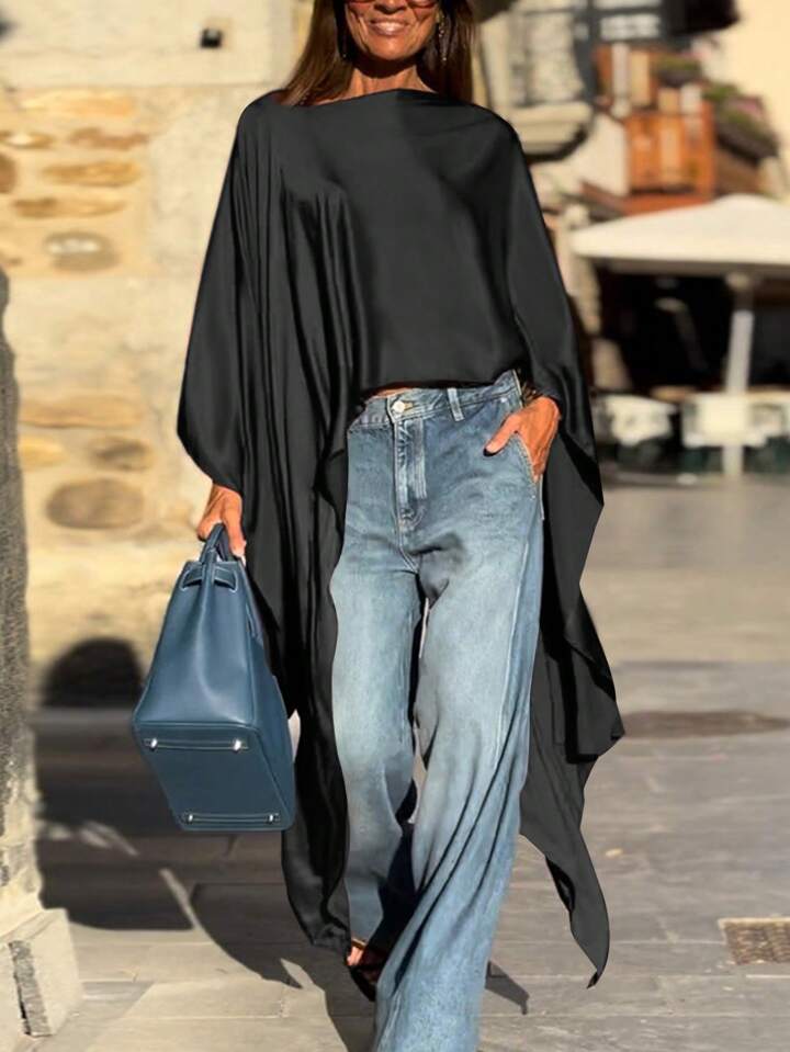 CM-TS892152 Women Casual Seoul Style Round Neck Batwing Sleeve Asymmetrical Long Shirt - Black