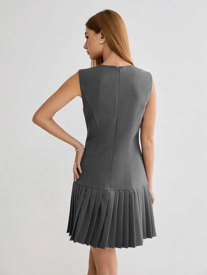 CM-DS694581 Women Casual Seoul Style Bowknot Round Neck Sleeveless Pleated Hem Short Dress - Gray