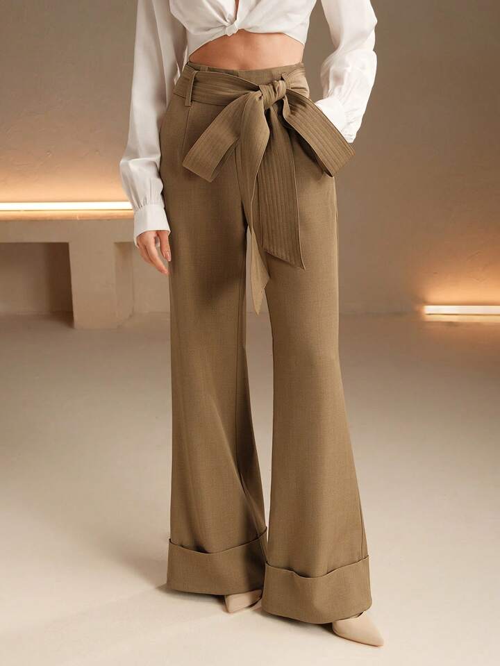 CM-BS011306 Women Elegant Seoul Style High Waist Belted Wide Leg Pants - Khaki