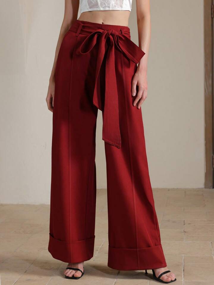 CM-BS645480 Women Elegant Seoul Style High Waist Belted Wide Leg Pants - Burgundy