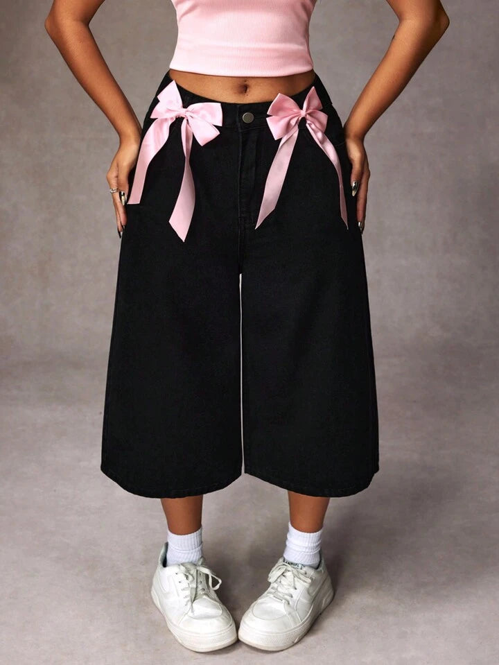 CM-BS596463 Women Casual Seoul Style Bow Tie Decor Color Block Pockets Loose Denim Jeans - Black