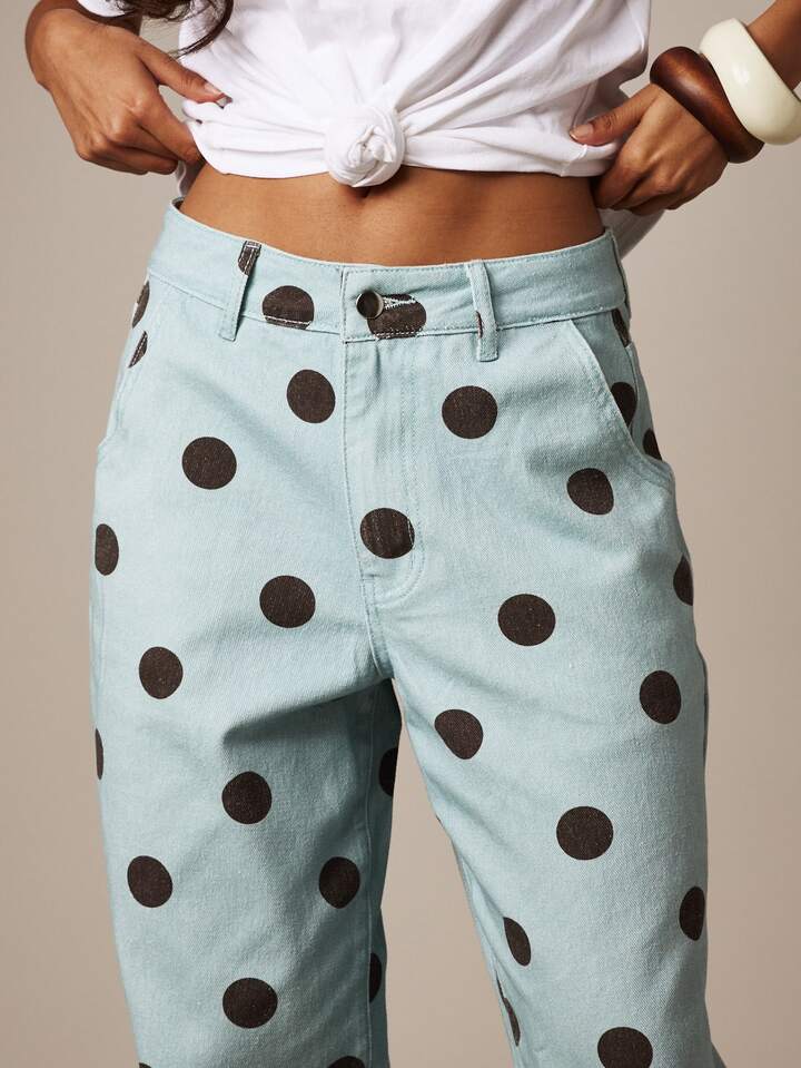 CM-BS518417 Women Casual Seoul Style Low Waist Polka Dot Print Straight Leg Jeans - Light Blue