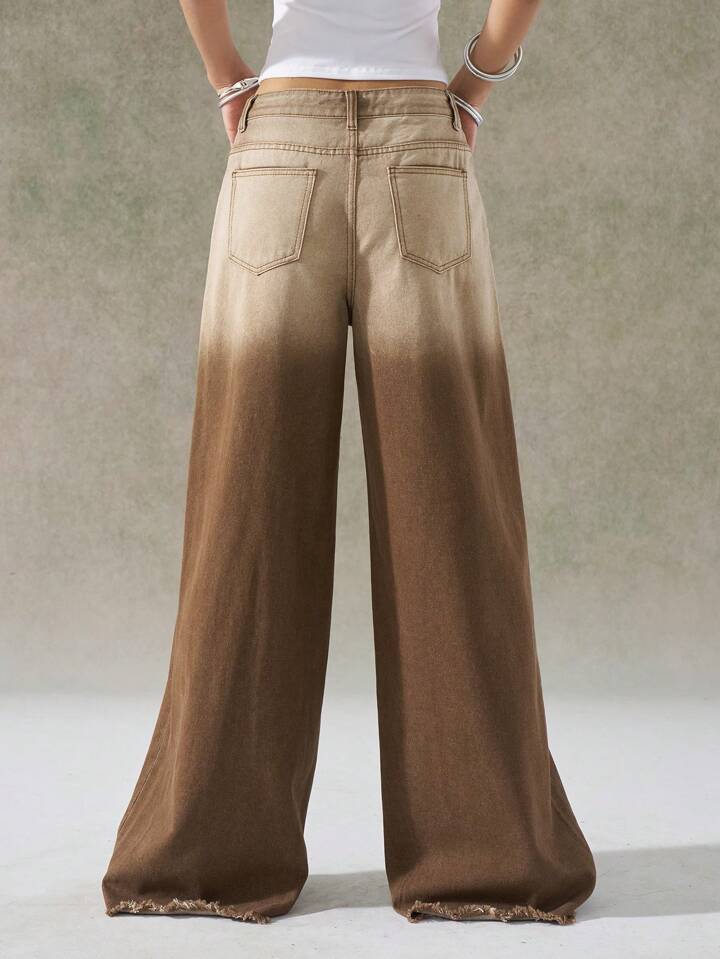 CM-BS097539 Women Casual Seoul Style Washed Ombre Wide Leg Jeans - Coffee Brown