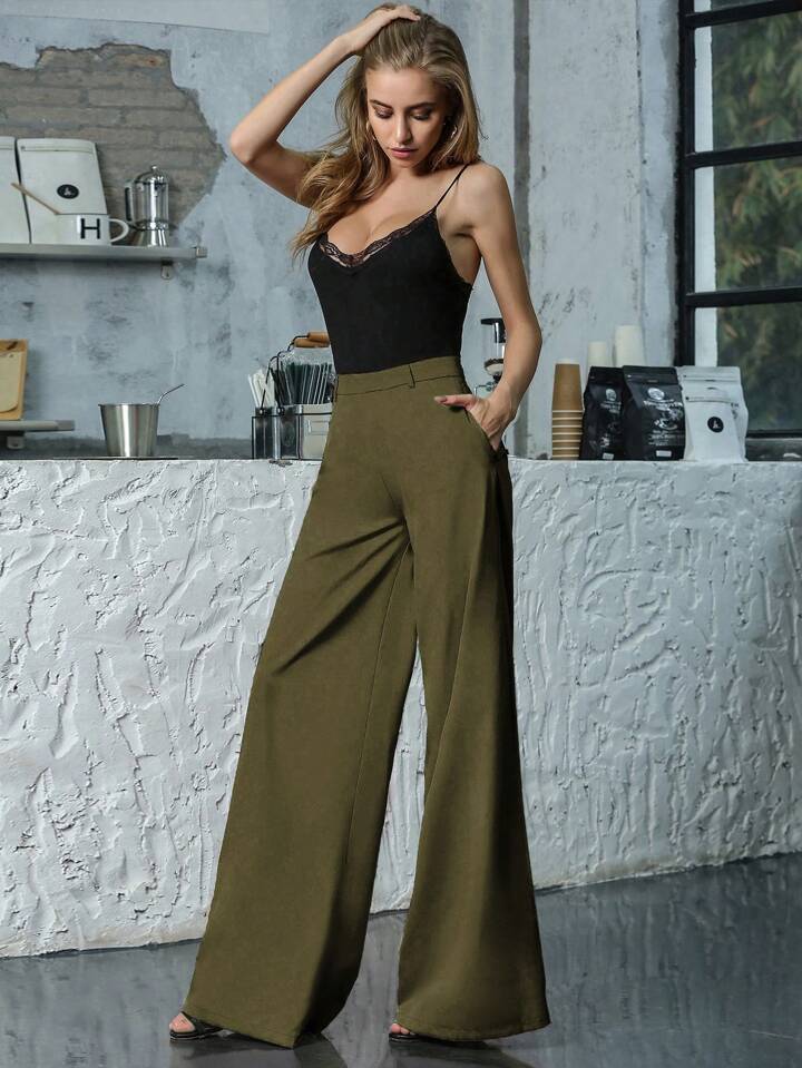 CM-BS181217 Women Elegant Seoul Style Solid Mid Waist Zip Back Wide Leg Pants - Army Green